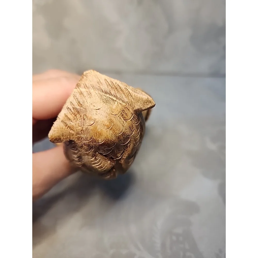 Handcrafted Owl Figurine Carved On Parasite Burl Wood,Excellent Cond.